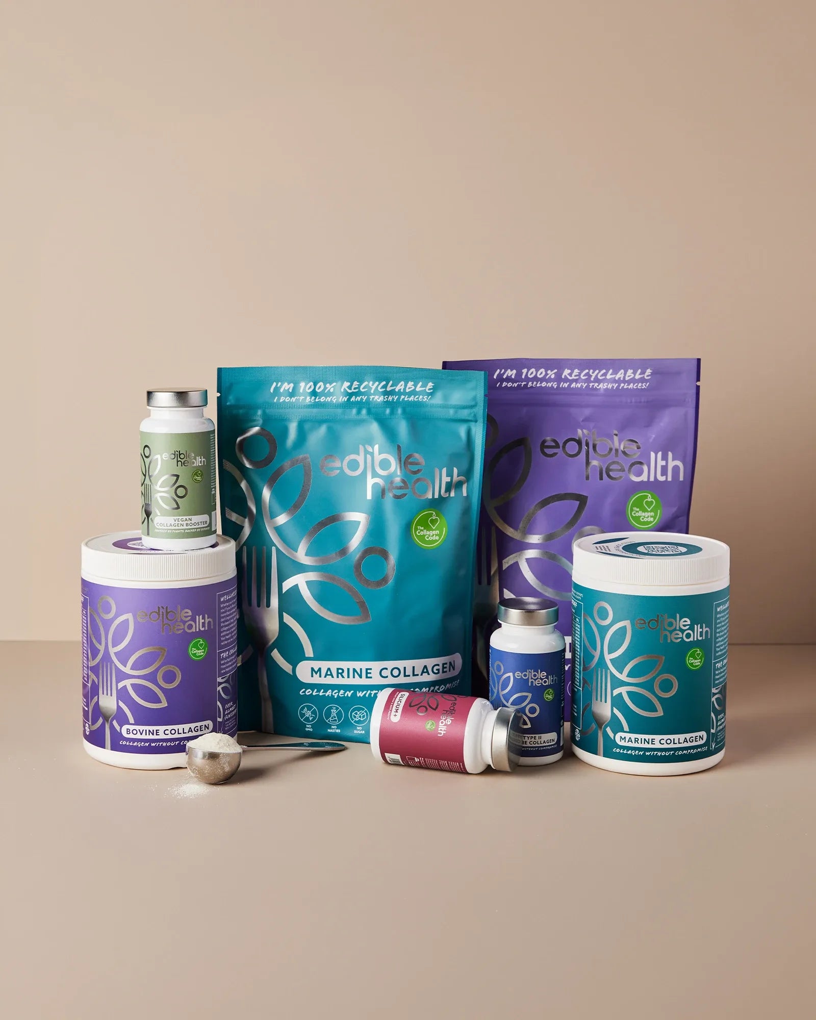 The Edible Health range: tubs, refill pouches, capsules and a scoop